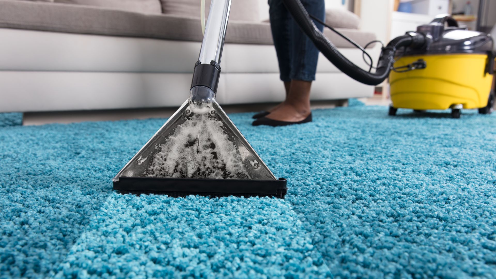 A person using a vacuum to clean a blue carpet